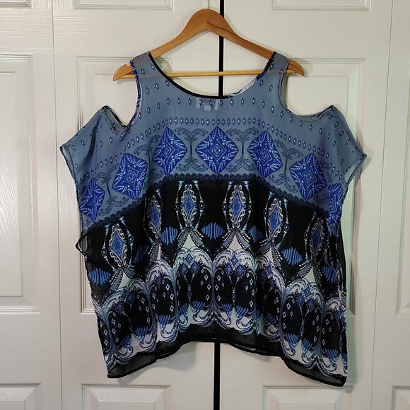 Arianna By Howards Multi-Colored Blouse OS Sheer Cold Shoulder Boho Abstract - Picture 2 of 11